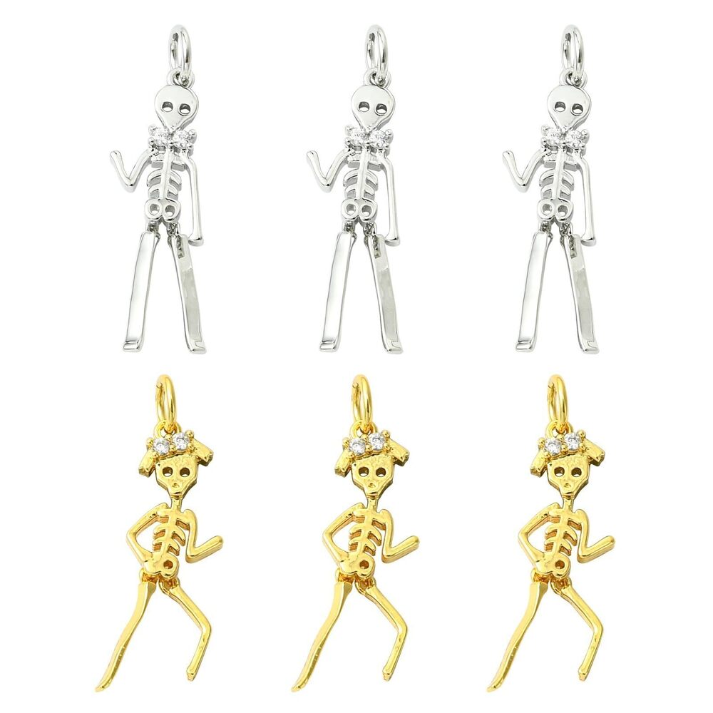 9261 6 Pcs 2 Colors Dancing Skeleton Charms Cubic Zirconia Pendant Gold